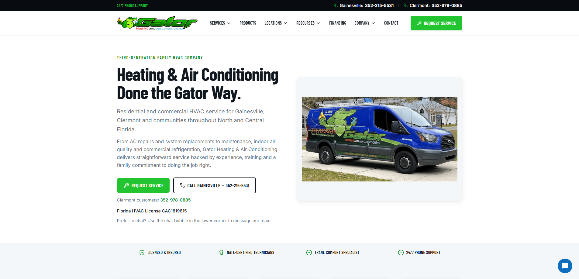 Gator Heating & Air website homepage showing HVAC service messaging and service request paths