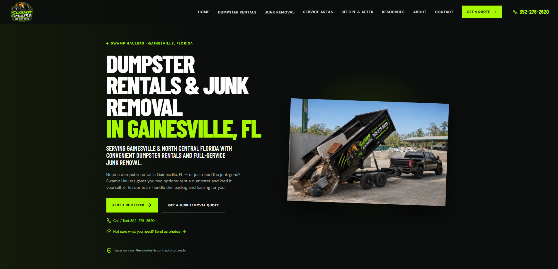 Swamp Haulers website homepage showing dumpster rental and junk removal services