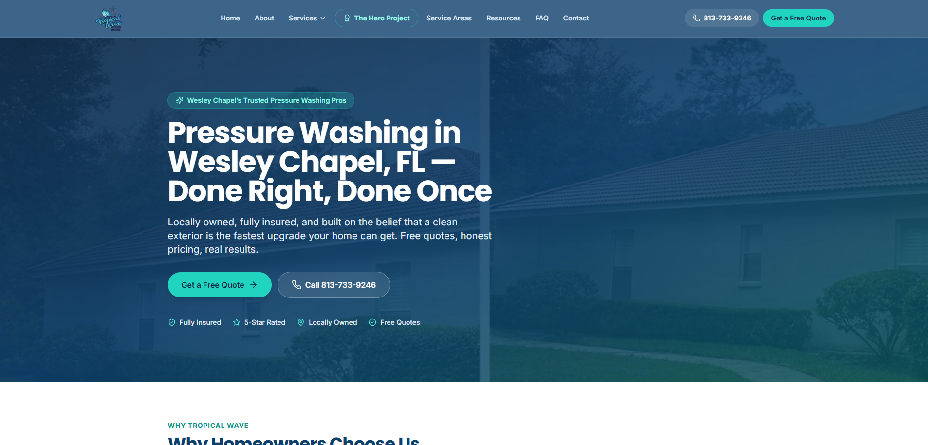 Tropical Wave Pressure Washing website homepage showing residential pressure washing services